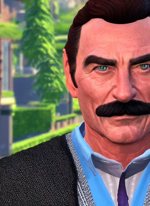 Prompt: film still of tom selleck as a sims character, gameplay, 8 k, hd