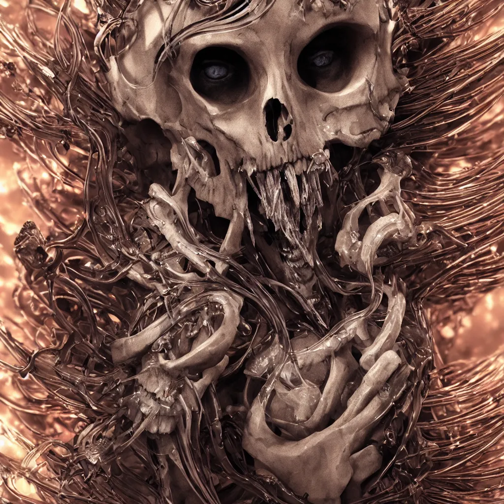 Image similar to close-up macro portrait of the face of a beautiful princess with animal skull mask, epic angle and pose ribcage skeleton, symmetrical artwork, 3d with depth of field, blurred background, cybernetic jellyfish female face skull phoenix bird, translucent, nautilus, energy flows of water and fire. a highly detailed epic cinematic concept art CG render. made in Maya, Blender and Photoshop, octane render, excellent composition, cinematic dystopian brutalist atmosphere, dynamic dramatic cinematic lighting, aesthetic, very inspirational, arthouse. y Greg Rutkowski, Ilya Kuvshinov, WLOP, Stanley Artgerm Lau, Ruan Jia and Fenghua Zhong