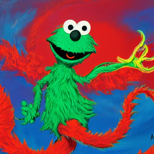 Prompt: painting of a twisting, looping, abomination of a creature, space demon Elmo from the Sesame Street dimension, high quality, 4k, featured on ArtSpace