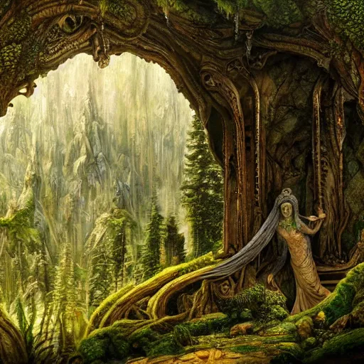 Prompt: a beautiful and highly detailed oil painting of am elven temple deep in the mountains, beautifully detailed ancient trees, lush plant growth, intricate details, epic scale, insanely complex, 8 k, sharp focus, hyper realism, fantasy landscape, psychedelic, by caspar friedrich,