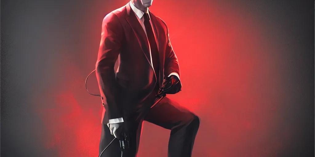 Prompt: agent 4 7 from hitman wearing headphones, dark background, red rim light, highly detailed, smooth, sharp focus, art by ali kiani amin