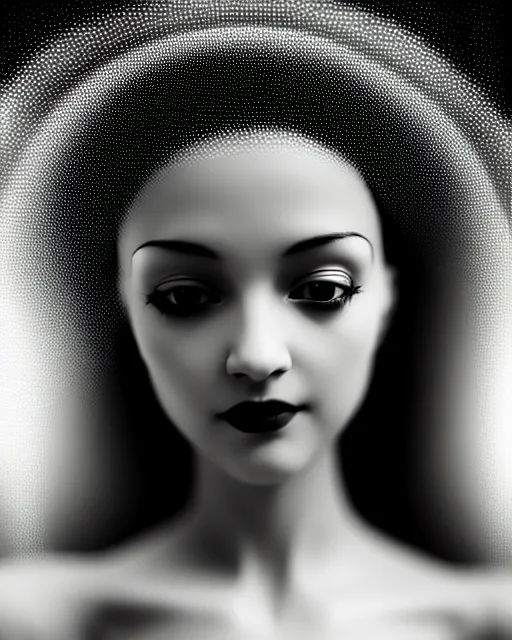 Image similar to black and white dreamy young beautiful female artificial intelligence, metropolis, cinematic, rim light, bokeh, photo - realistic, elegant, high detail, 8 k, masterpiece, photo taken in 1 9 3 0