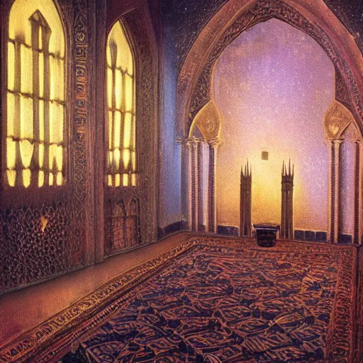 Image similar to detailed painting of middle eastern interior room with celestial ephemeral ornaments and gothic architecture, artstation, beksinski, cinematic