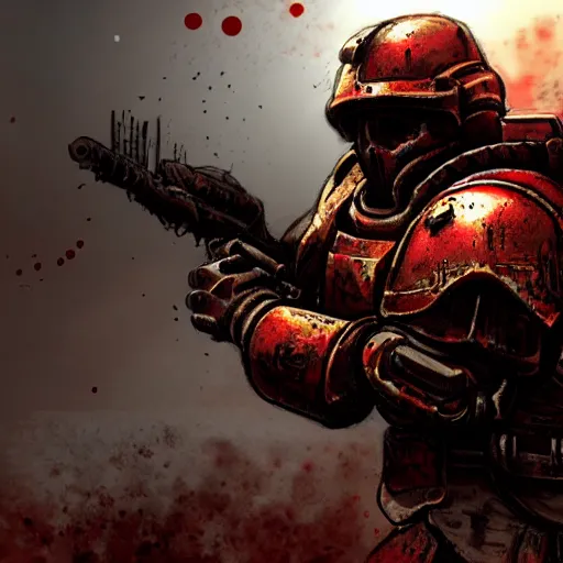 Image similar to heavy armor soldier wearing space marine like armor but in real life, walking in a river of blood full of human bloody dead bodies and human parts, shooting with his gun, explosions in background, painting style