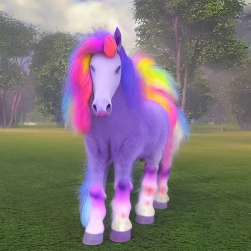 Image similar to a furry unicorn based on a percheron horse, the unicorn fur is purple, pink and yellow with an ombre effect, the unicorn is beautiful, made with unreal engine 5 very expensive effects, a lot of detail in the fur to look realistic