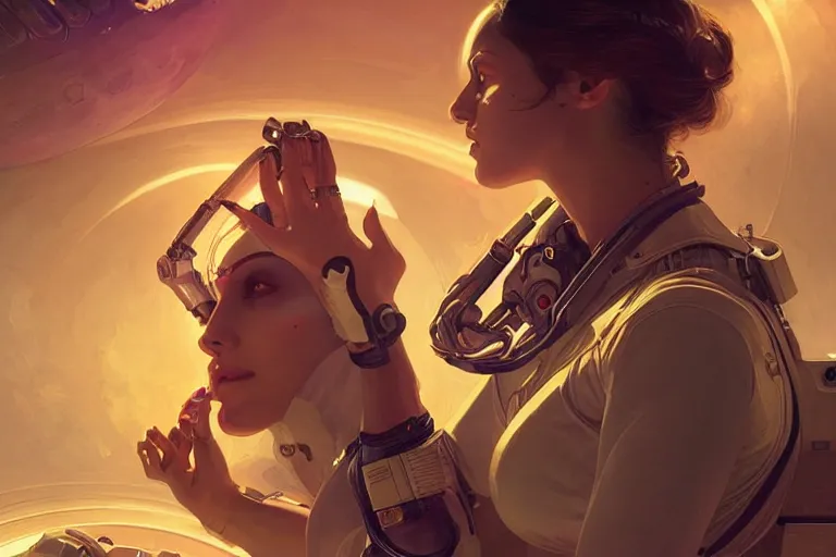 Image similar to Sensual beautiful female Aryan young Indian doctors wearing Deus Ex Human Revolution clothing in a space station above Earth, portrait, elegant, intricate, digital painting, artstation, concept art, smooth, sharp focus, illustration, art by artgerm and greg rutkowski and alphonse mucha