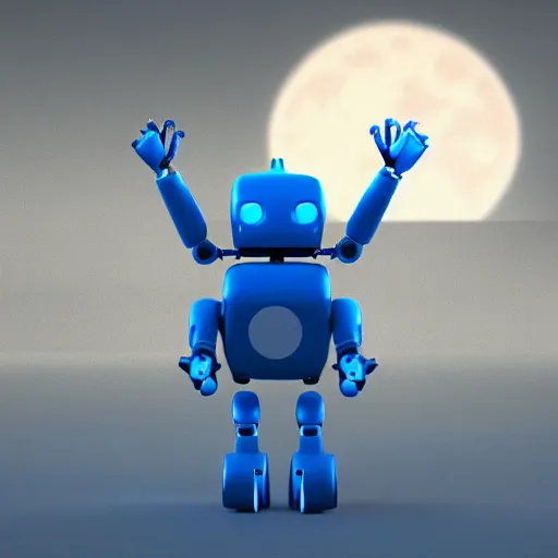 Prompt: blue godot robot ponders looking up at the moon, thinking, vray