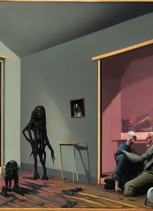 Image similar to two dark figures laughing and a black dog inside a decayed contemporary with spherical people and Oxygen tanks at flooded living room Edward Hopper and James Gilleard, Zdzislaw Beksinski, open ceiling, highly detailed, painted by Francis Bacon, painted by James Gilleard, surrealism, airbrush, Ilya Kuvshinov, WLOP, Stanley Artgerm, very coherent, art by Takato Yamamoto and James Jean