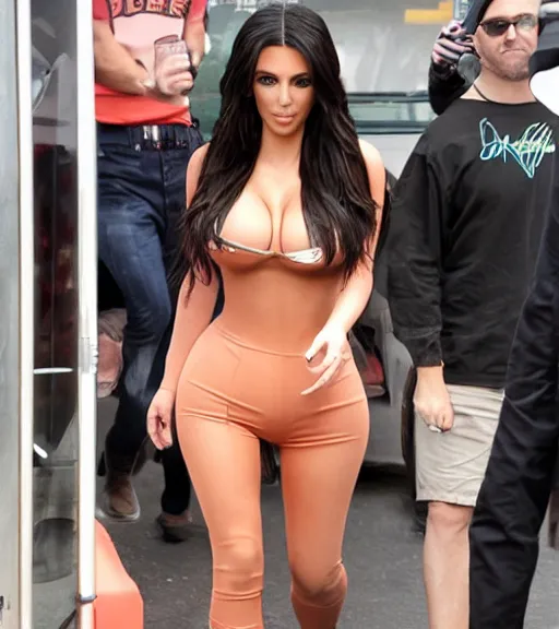 Prompt: candid photo of kim kardashian wearing a hooters outfit