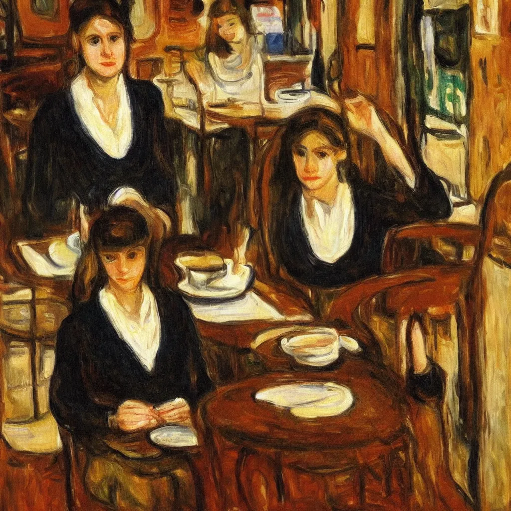 Prompt: a reading girl in coffee shop, canvas, oil paint, cinematic, detailed, artwork by edvard munch