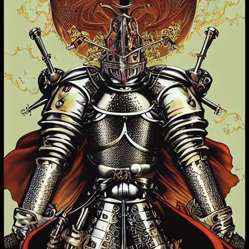 Image similar to portrait of crazy medieval knight, symmetrical, by yoichi hatakenaka, masamune shirow, josan gonzales and dan mumford, ayami kojima, takato yamamoto, barclay shaw, karol bak, yukito kishiro