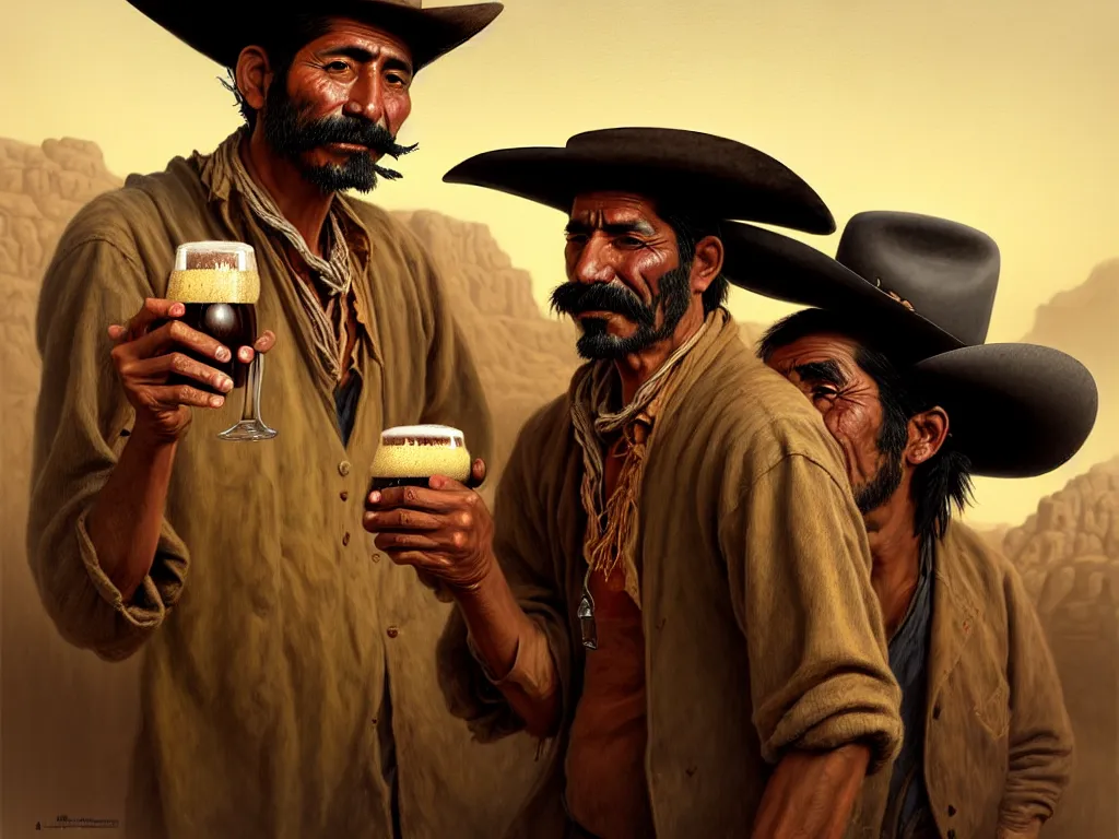 Image similar to juan caloto beer illustration of a mexican man,, with one small, dirt, wild west, with hat, drinking a beer at train station, fantasy, intricate, elegant, highly detailed, digital painting, artstation, concept art, matte, sharp focus, art by aenaluck and roberto ferri and greg rutkowski, epic, missing teeth [