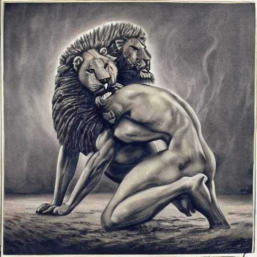 Image similar to man and lion wrestling Art