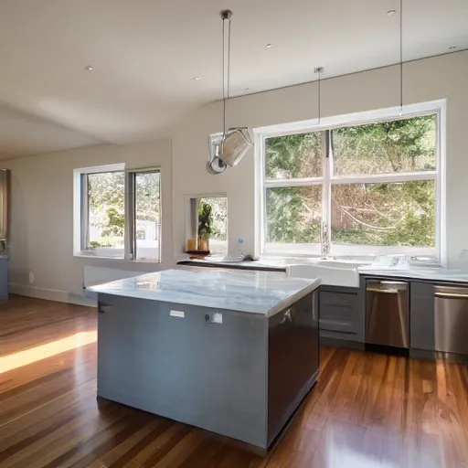 Prompt: a normal kitchen with stainless steel appliances a marble island window light, domestic, realistic, 35mm lens