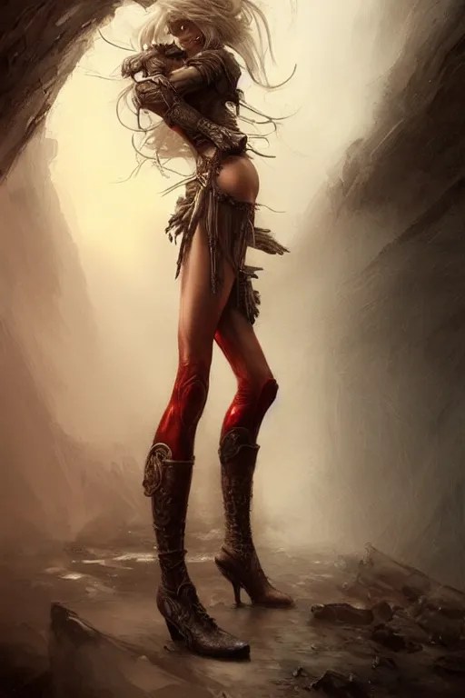 Image similar to « short red women's boots, shoes only, by wlop, by luis royo, by peter mohrbacher, concept art, digital illustration, intricate, masterpiece, elegant, super detailed, unreal engine rendering, smooth, sharp focus, artstation hq »