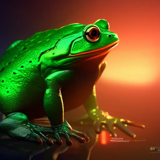 Image similar to illuminated cyber frog, vivid colors, high details, cinematic, 8k resolution, beautiful detailed, photorealistic, digital painting, artstation, concept art, smooth, sharp focus, illustration, fantasy background, artstation trending, octane render, unreal engine