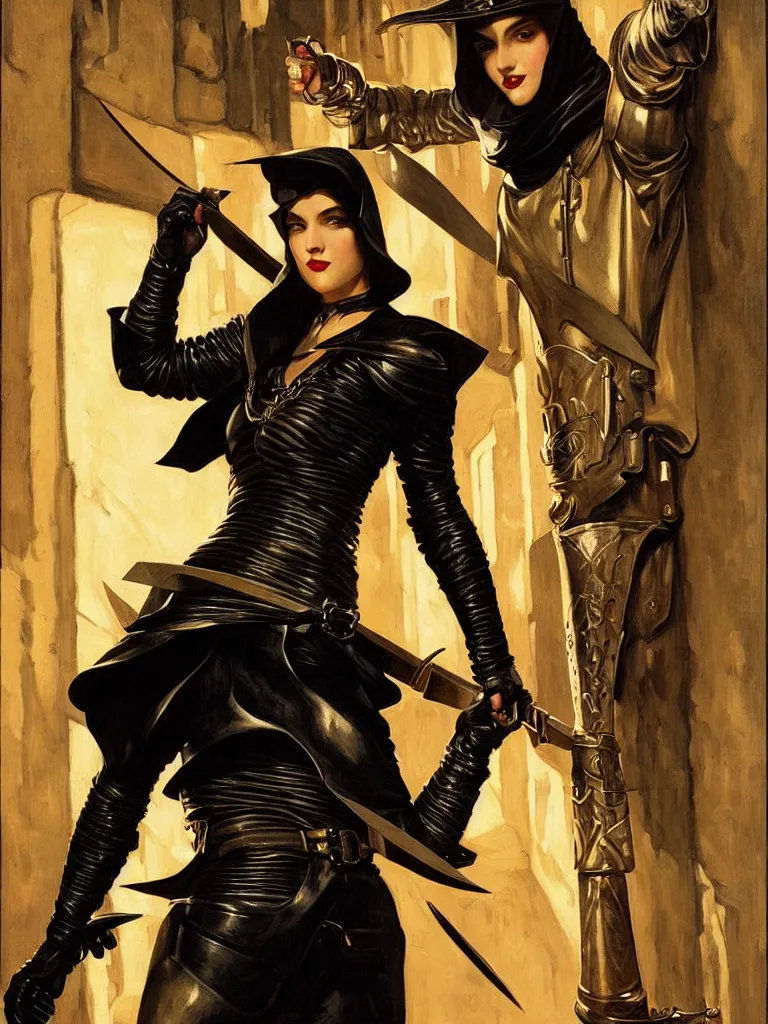 Prompt: portrait of a young woman as a thief wearing black leather armor and wielding a dagger in a dark alleyway, fantasy, intricate, elegant, art by j. c. leyendecker