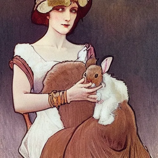 Prompt: an Edwardian woman holding a rabbit, in the style of Mucha