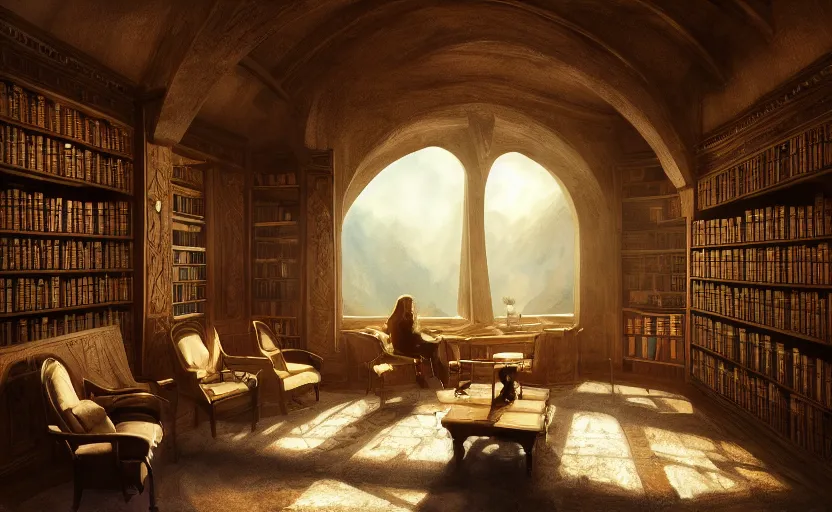 Prompt: painting of an interior of a hidden ring - shaped library overlooking the great room, well maintained, clean, medieval, fantasy genre, natural light, fantasy, photo - realistic, natural light, by craig mullins, cozy atmospheric and cinematic lighting, trending on artstation
