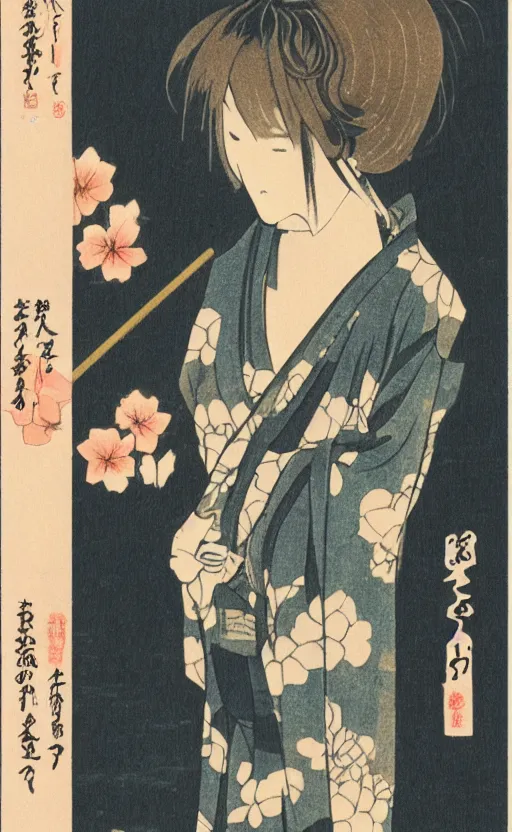 Prompt: by akio watanabe, manga art, girl next to goose bird in japanese temple, night, trading card front, kimono, realistic anatomy