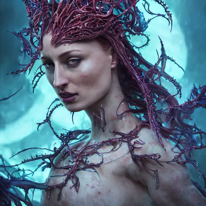 Image similar to portrait of Sophie Turner as Kerrigan Queen of Blades. intricate abstract. intricate artwork. nightmare fuel. by Tooth Wu, wlop, beeple, dan mumford. octane render, trending on artstation, greg rutkowski very coherent symmetrical artwork. cinematic, hyper realism, high detail, octane render, 8k, iridescent accents