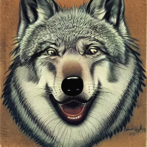 Image similar to portrait of retarded wolf, eyes in different directions, vivid colors, very poor, propaganda style