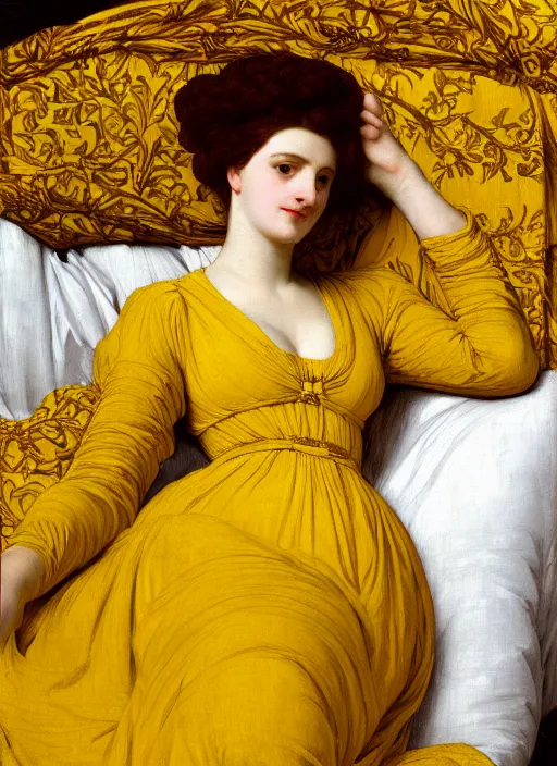 Image similar to masterpiece portrait of lady reclining vertically on bed wearing yellow ochre ornate medieval dress, foreshortening, colour photography by frederic leighton, william morris, 8 k