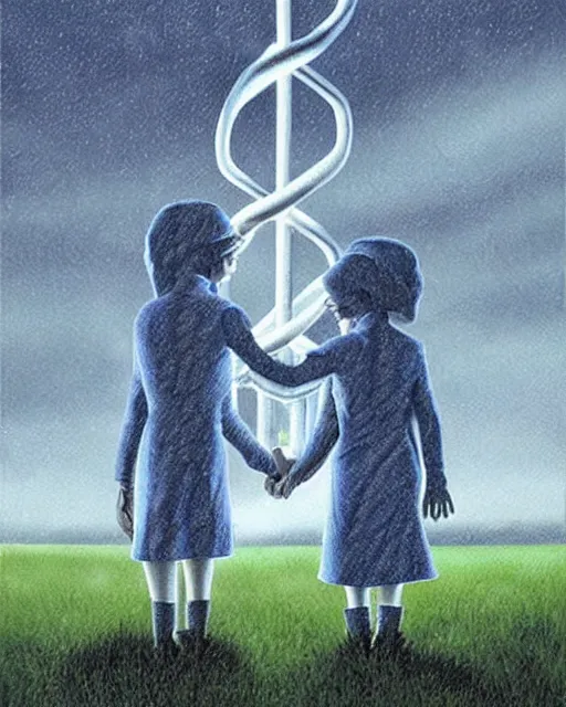 Image similar to in a field, two scientists in lab coats encounter a monster shaped like the DNA double helix, stormy weather, by Rob Gonsalves, dark