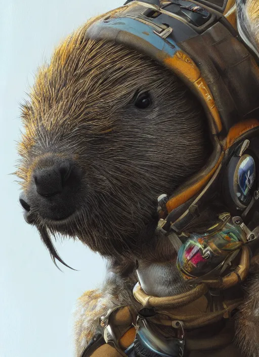 Image similar to detailed full body concept art illustration realistic portrait oil painting of an anthropomorphic capybara pilot in full intricate clothing, biomutant, ultra detailed, digital art, octane render, 4K