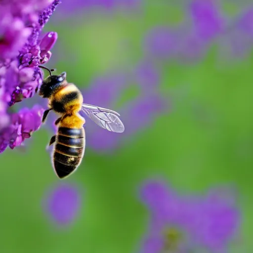 Image similar to a bee landing on bright purple flowers with a yellow center, close up dslr photo