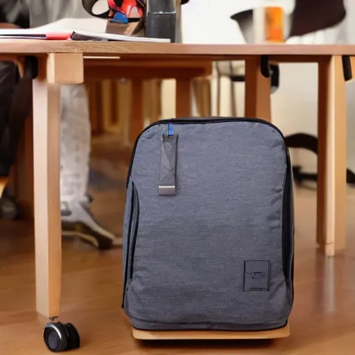 Prompt: a backpack is put under a table, backpack under a table