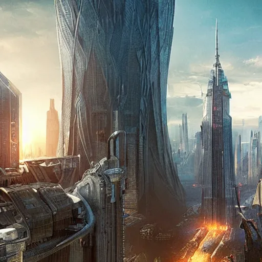 Image similar to An epic future utopian science fantasy cityscape, sustainable architecture, hyperdetailed photorealistic wide angle landscape painting, by Zack Snyder and James Cameron