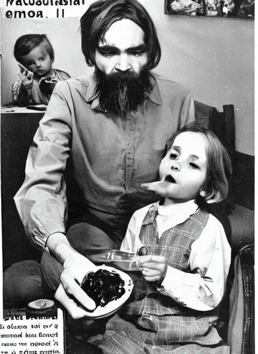 Image similar to vintage pharamaceutical magazine advertisement depicting charles manson feeding jello to children