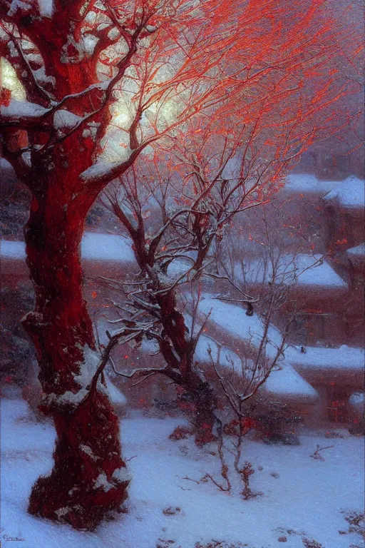 Prompt: winter, one giant red tree, ground covered with snow, extreme long shot, fantasy, painting by gaston bussiere, craig mullins, j. c. leyendecker, trending on artstation