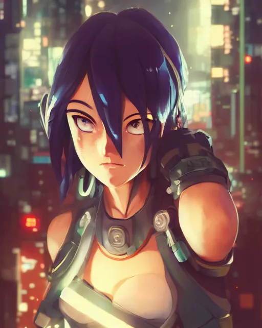 Image similar to portrait of anime girl in mechanic armor in night tokyo by makoto sinkai, my hero academia,cyberpunk, greg rutkowski, perfect face, fine details