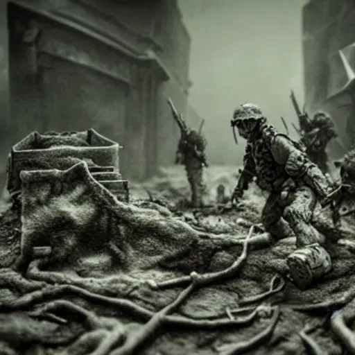 Image similar to the last war, extremely detailed claymation art, extremely realistic, dark, moody, foggy