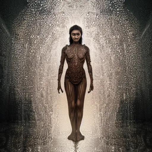 Image similar to full shot of a regal brown woman wearing an intricate and detailed armor made of thousands of dew drops. refracted light. reflections. morning dew.. delicate. translucent. no makeup!! haunting eyes. vulnerable. fragile. ethereal. refracted light. by louise dahl - wolfe. by michal karcz. octane render