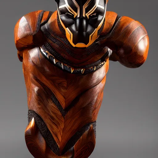 Image similar to a completely made of wood, real - world sculpture bust of the black panther marvel character, made of highly polished walnut wood, polished, cedar, polished tiger - wood. photograph, photographic, 3 5 mm