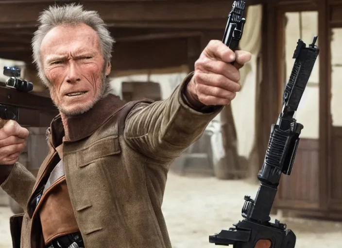 Prompt: film still of clint eastwood!!! man with no name!! as han solo aiming a gun in new star wars, inside a tavern, 4 k