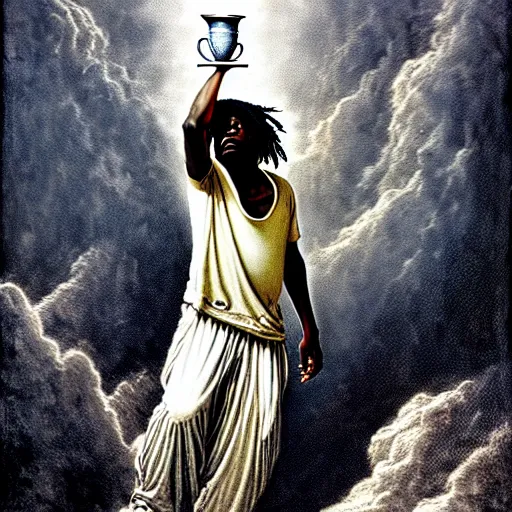 Prompt: chief keef ascending into heaven holding cup of lean and blunt, smoke surrounding subject, biblical image, style of gustave dore, highly detailed, beautiful, high contrast