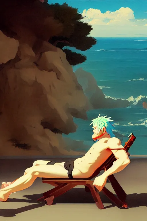 Image similar to baroque oil painting of anime key visual concept art of doom guy relaxing in a beachside resort, acrylic painting, trending on pixiv fanbox, palette knife and brush strokes, style of makoto shinkai jamie wyeth james gilleard edward hopper greg rutkowski studio ghibli genshin impact