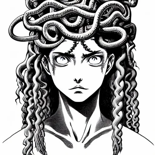 Prompt: head of medusa from greek mythology wearing snakes in place of hair, in berserk manga, ana de armas face, smiling seductive expression, big snakes heads with open mouth, manga drawing in round frame, by kentaro miura