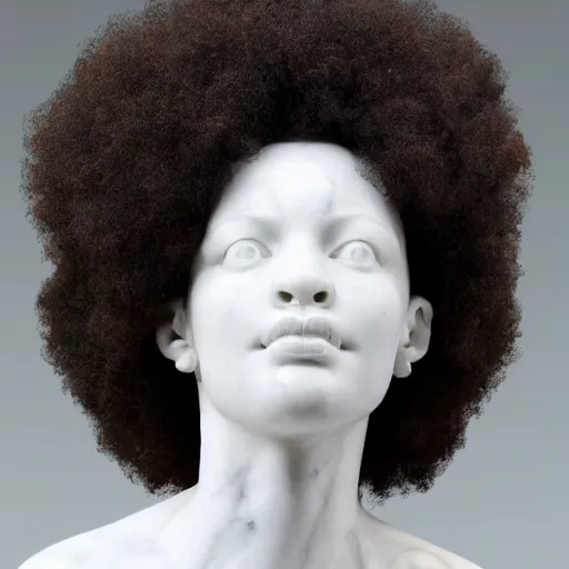 Image similar to a photorealistic all white marble sculpture of a black girl with a white afro