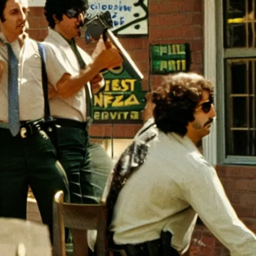 Image similar to comet pizza hostage situation in the style of dog day afternoon cinematic