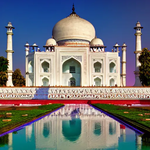 Prompt: a large white indian temple with a long pool of water in front of it, a detailed matte painting by sardar sobha singh, shutterstock contest winner, cloisonnism, creative commons attribution, photo taken with ektachrome, global illumination