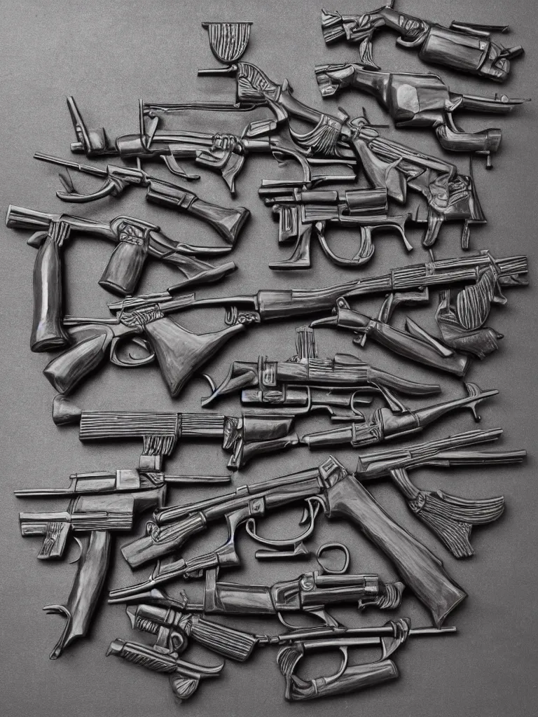 Prompt: relief sculpture carving in black cast iron steel of machine guns shotguns rifles revolvers bullets,dark contrast, dynamic lighting, ultrarealistic, intricate details, 4k