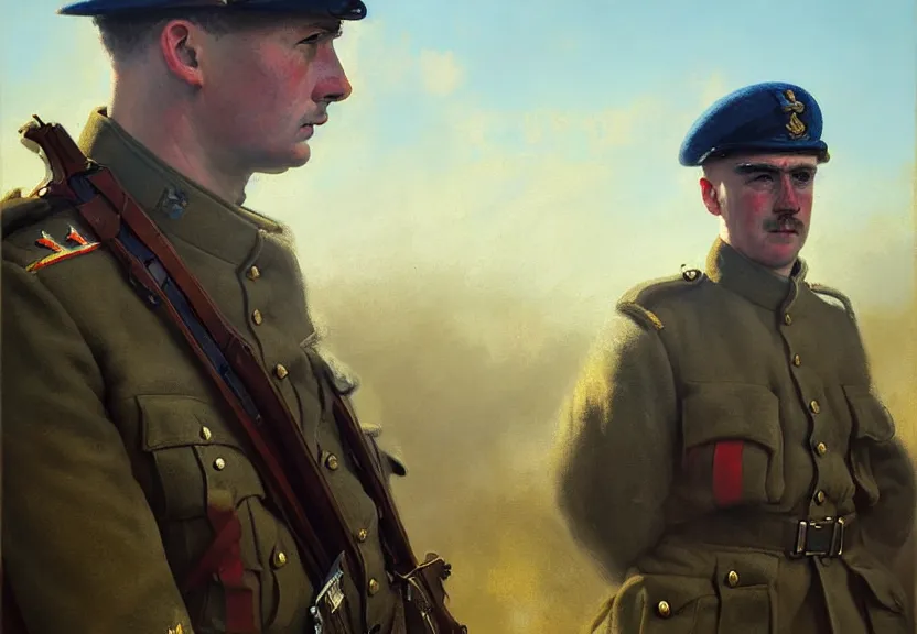 Image similar to portrait of a british army officer, first world war, blue sky, 2 0 th century, sunny, detailed, volumetric, cinematic lighting, realistic, digital art by greg rutkowski