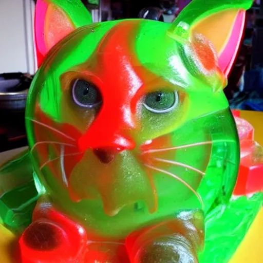 Image similar to a cat made out of jello, gelatinous