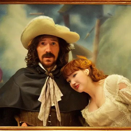 Prompt: Cyrano de Bergerac and Roxanne (Haley Bennet), are looking a teach other hand romantically. dramatic, high contrast, romantic, theatrical, lumnious, cinematic lights, oil canvas by Csók István, Munkácsi and Hollósy Simon