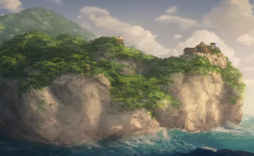 Prompt: a house on a cliff over an ocean, one small boat, dangerous cliffside, trees. matte painting, Makoto Shinkai, anime, trending on ArtStation, digital art.